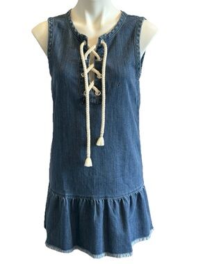 Aria Blue Denim Nautical Dress SMALL Sleeveless Knee Length Boat Rope Tie NWOT